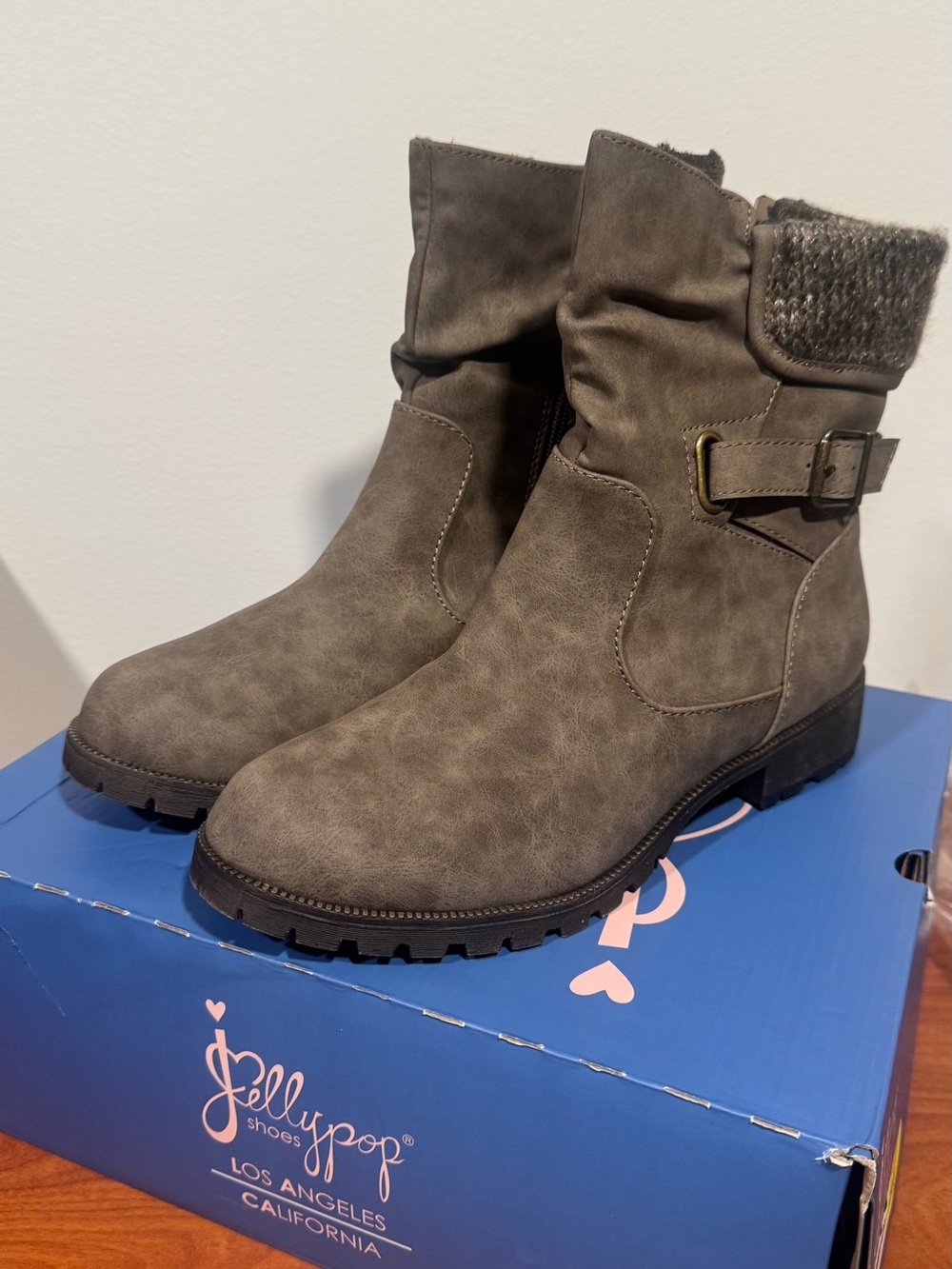 Jellypop Taupe Slouchy Ankle Boots with Buckle Accent